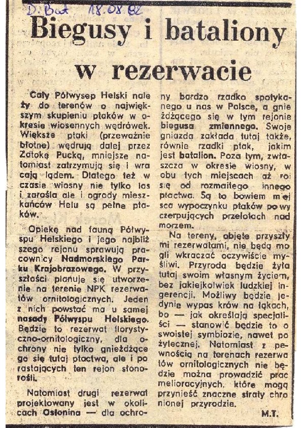 Okładka: Biegusy i bataliony w rezerwacie. Dziennik Bałtycki.18.08.1982